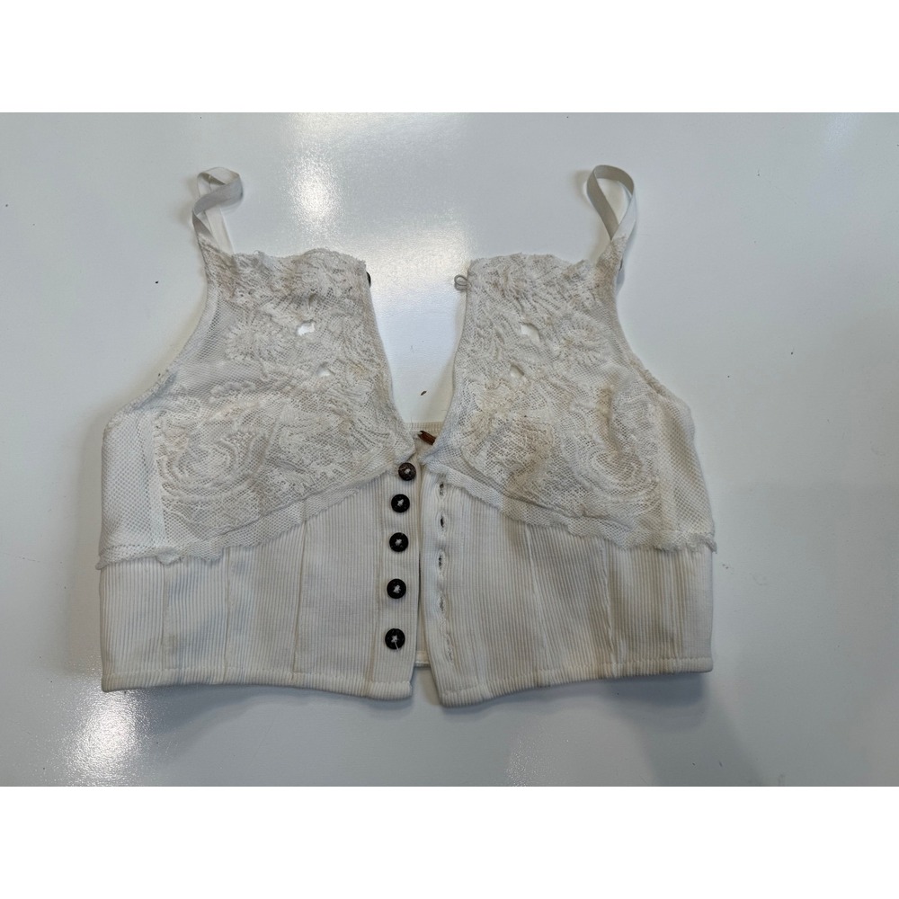 Cream Lace Ribbed Button Down Crop Top Camisole V-Neck Boho Cottagecore